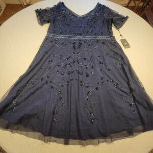 Adrianna Papell Beaded Mesh Midi Dress Short Sleeve Formal Women 24W Navy NWT